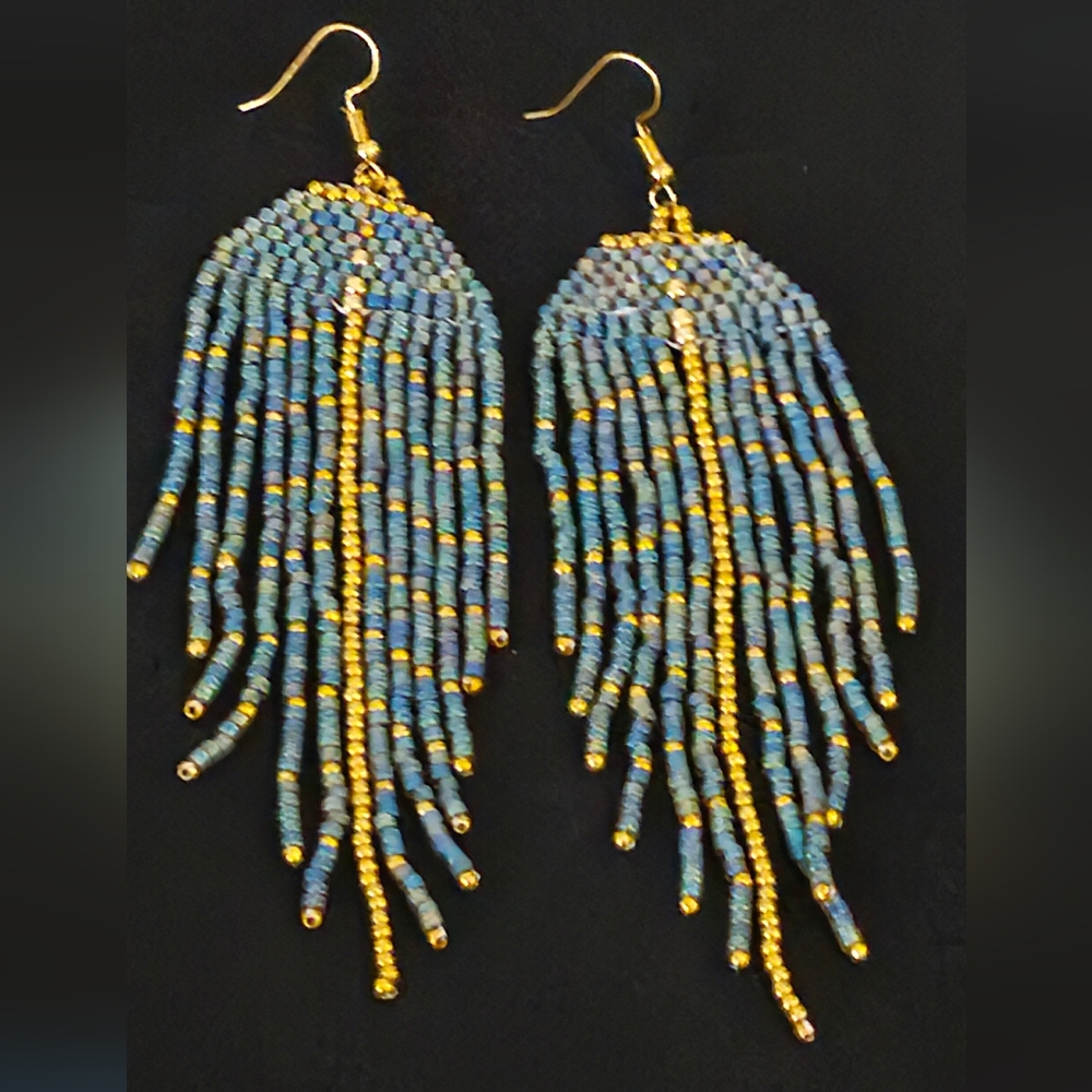 elegant women's earrings made of Czech green and gold beads, handcrafted